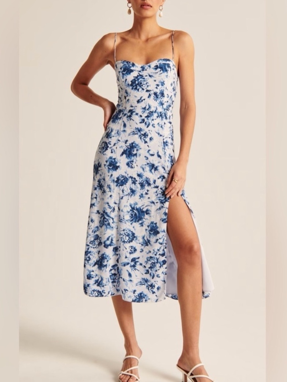 Abercrombie & Fitch Camille Satin Midi Dress Women’s Size XL Blue Floral Slit